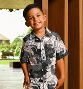 The Embun Collection Boy Holiday Shirt in Black & White Banjaran Print - Umbi