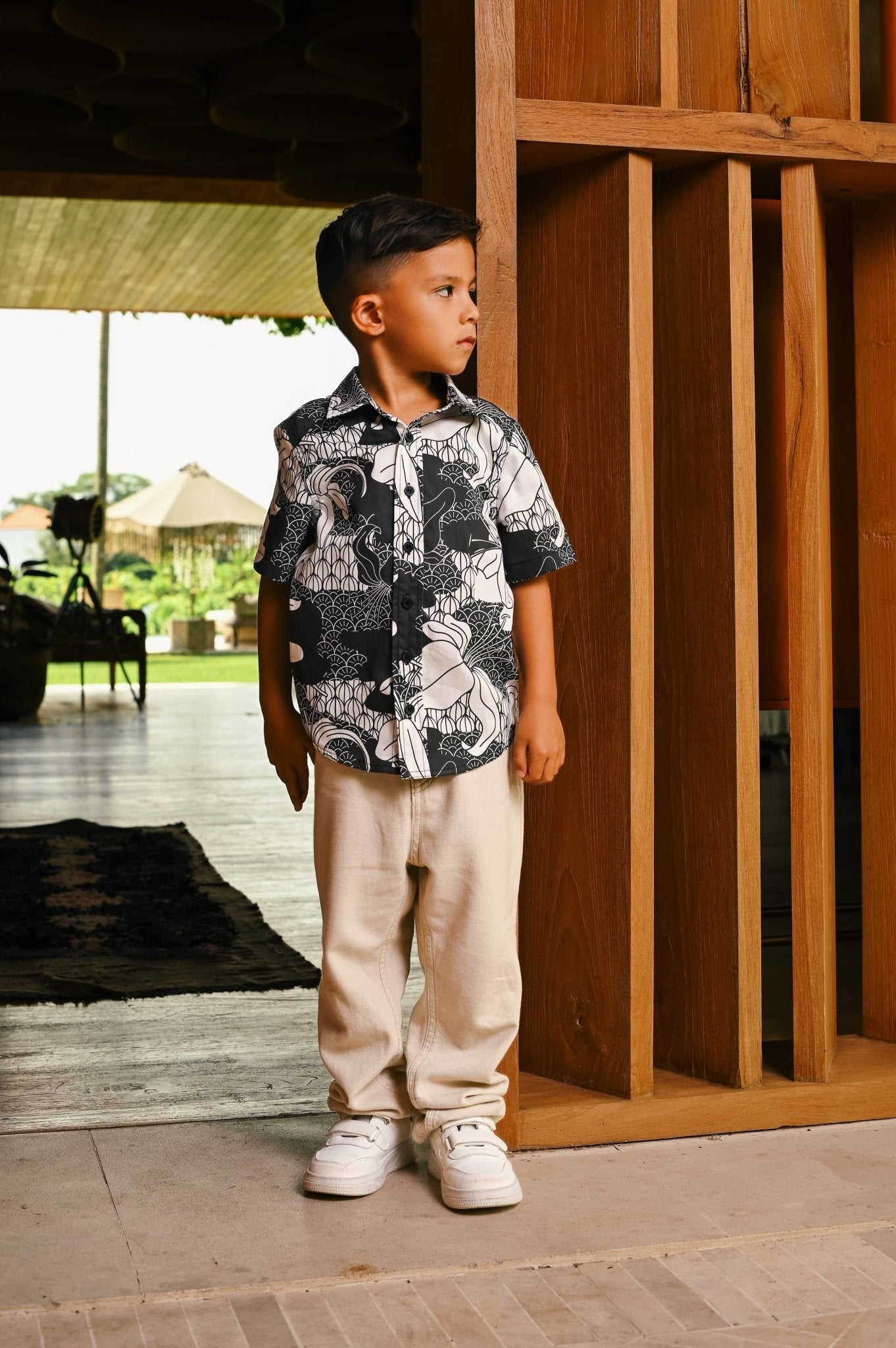 The Embun Collection Boy Holiday Shirt in Black & White Banjaran Print - Umbi