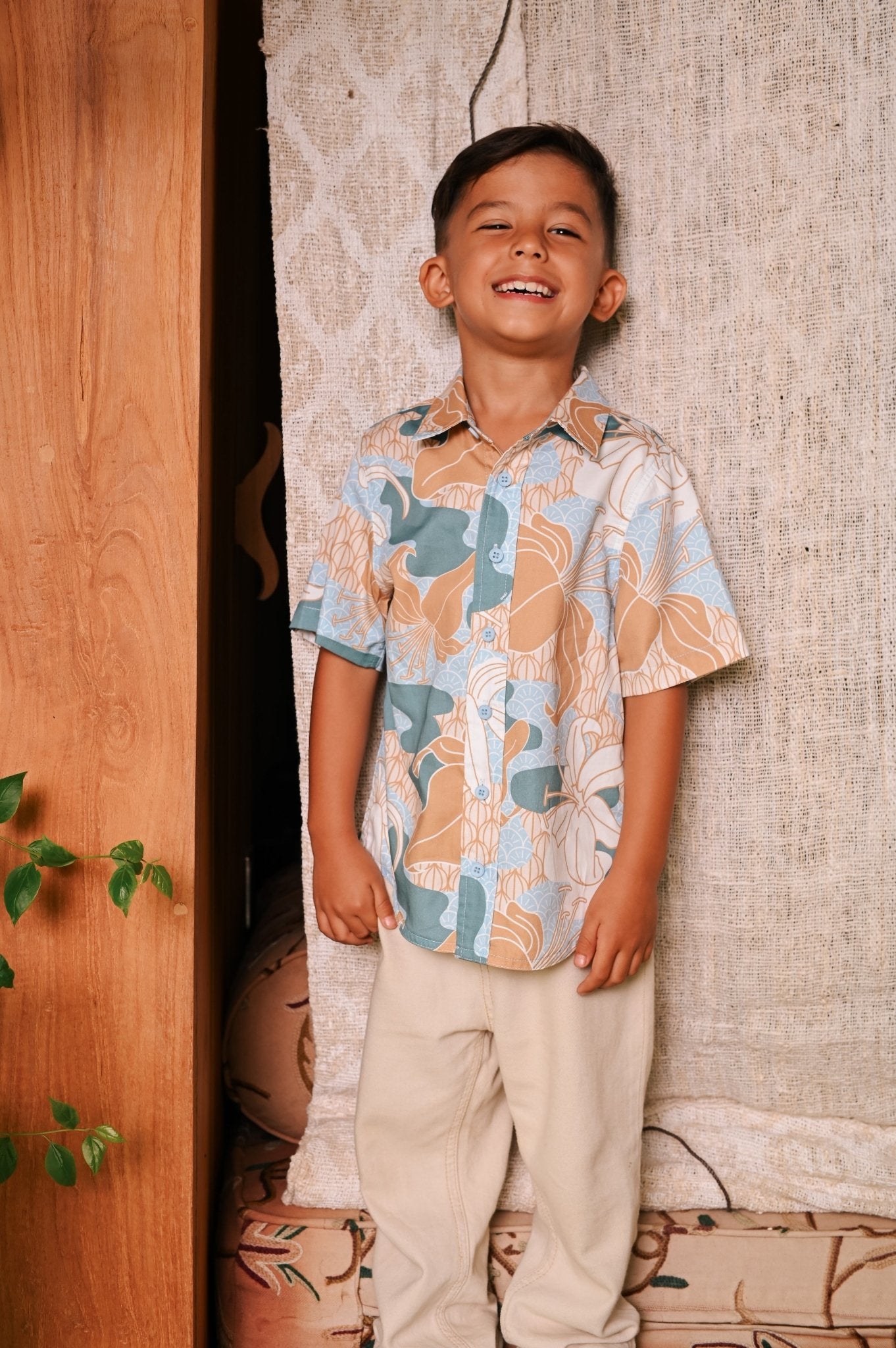 The Embun Collection Boy Holiday Shirt in Blue & Olive Banjaran Print - Umbi