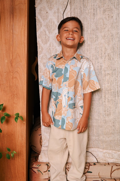 The Embun Collection Boy Holiday Shirt in Blue & Olive Banjaran Print