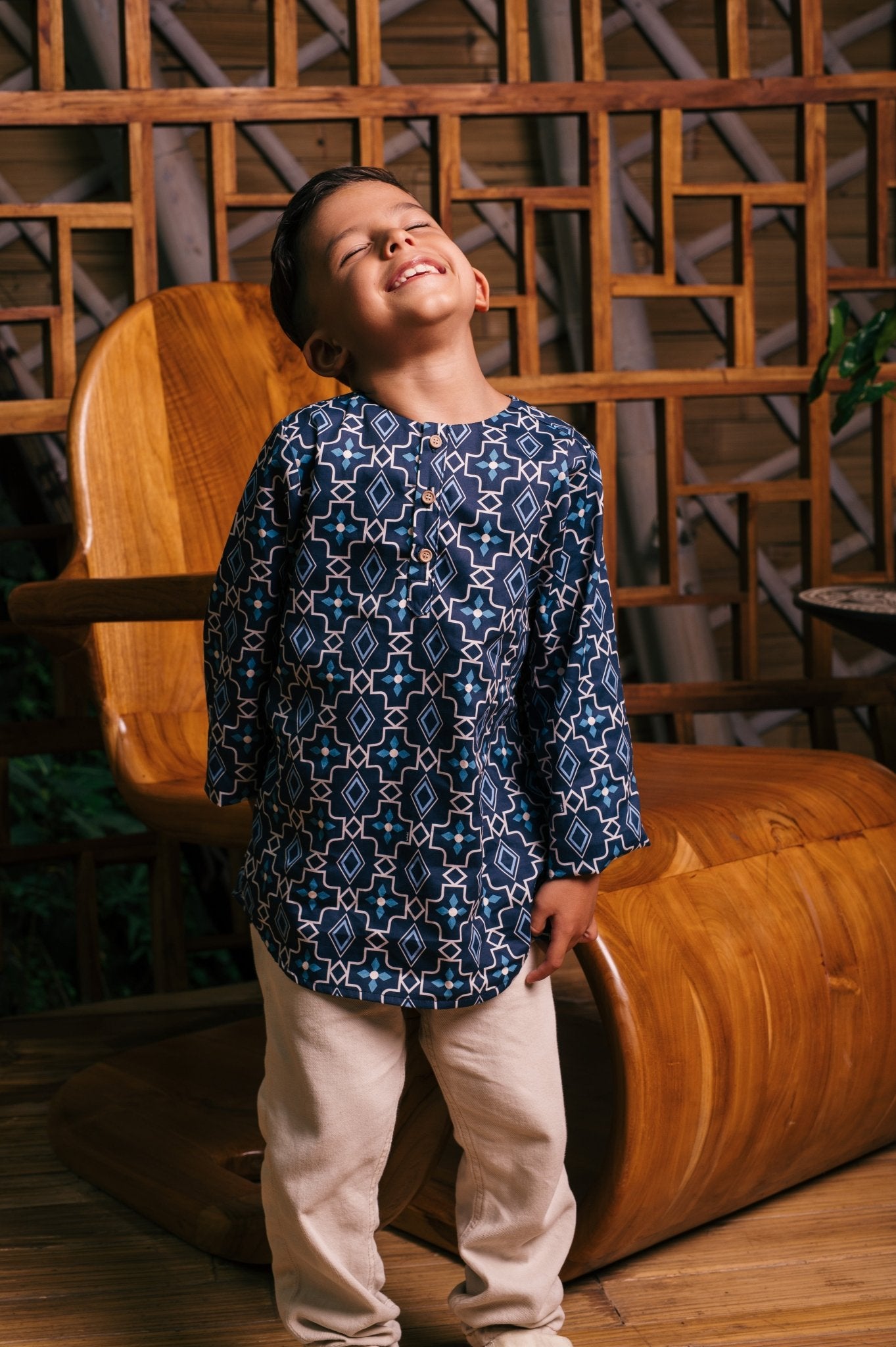 The Embun Collection Boy Kurta in Blue Gemilang Print - Umbi