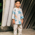 The Embun Collection Boy Kurta in Blue & Olive Banjaran Print - Umbi