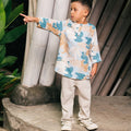 The Embun Collection Boy Kurta in Blue & Olive Banjaran Print - Umbi