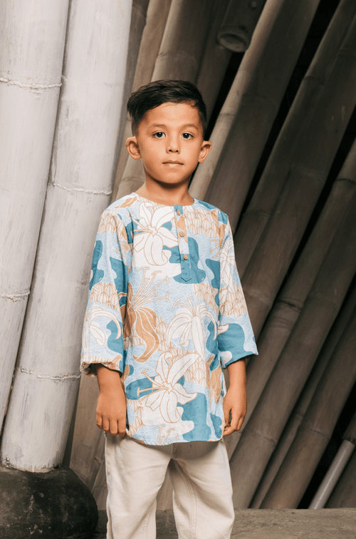 The Embun Collection Boy Kurta in Blue & Olive Banjaran Print
