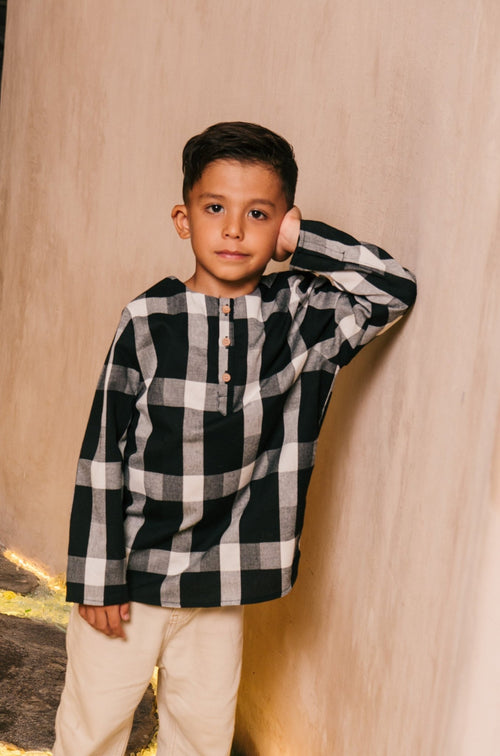 The Embun Collection Boy Kurta in Checked Black