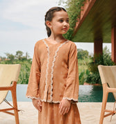 The Embun Collection Girl Embroidered Fitted Kebaya in Brown Diamond Print - Umbi