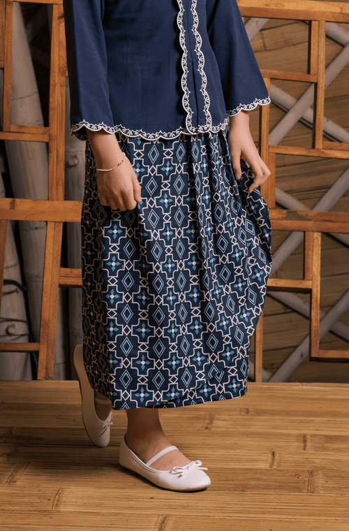 The Embun Collection Girl Instant Pareo Skirt in Blue Gemilang Print