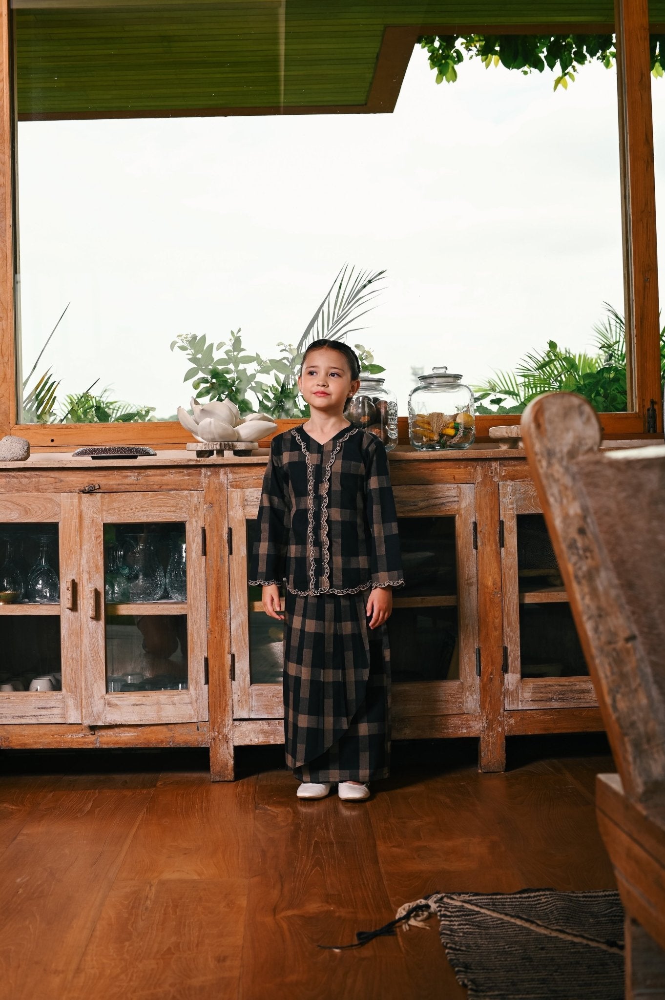 The Embun Collection Girl Instant Pareo Skirt in Checked Brown - Umbi