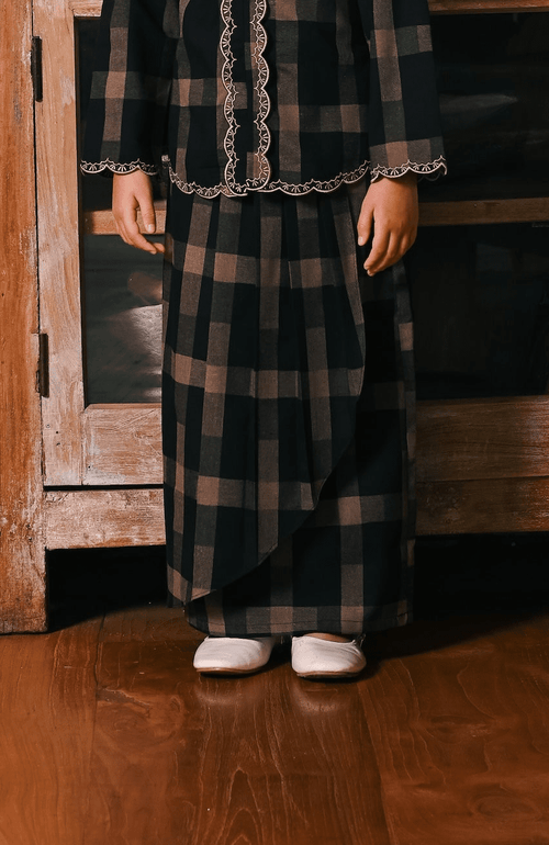 The Embun Collection Girl Instant Pareo Skirt in Checked Brown