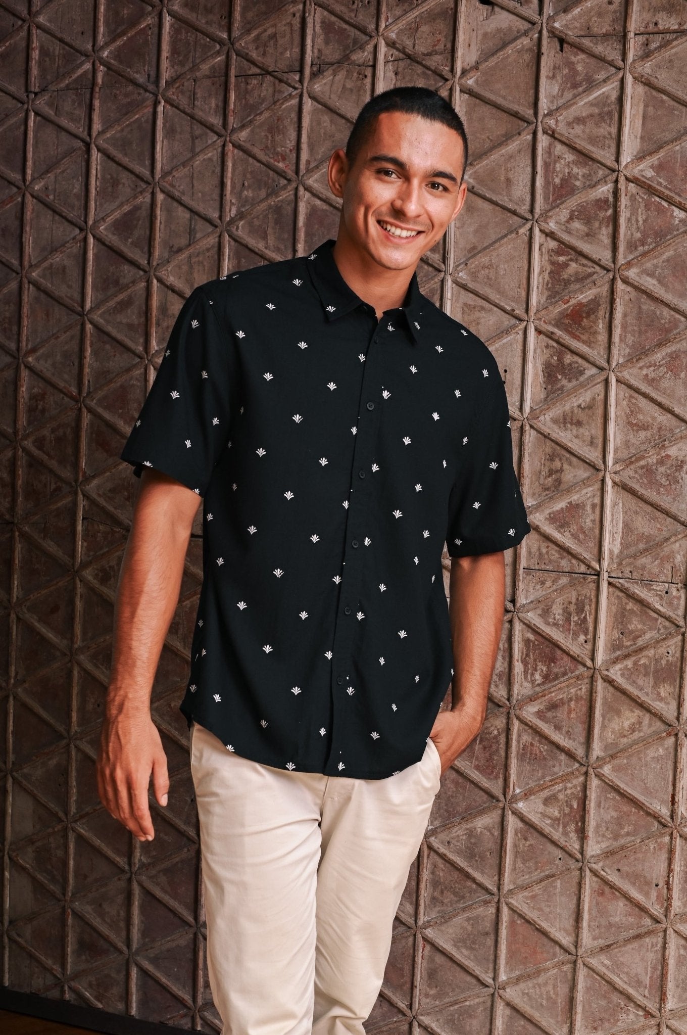 The Embun Collection Men Holiday Shirt in Black Pelita Print - Umbi