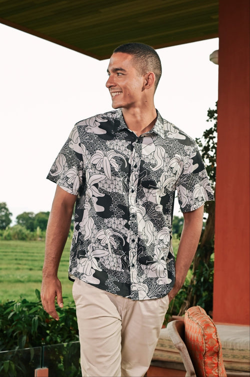 The Embun Collection Men Holiday Shirt in Black & White Banjaran Print