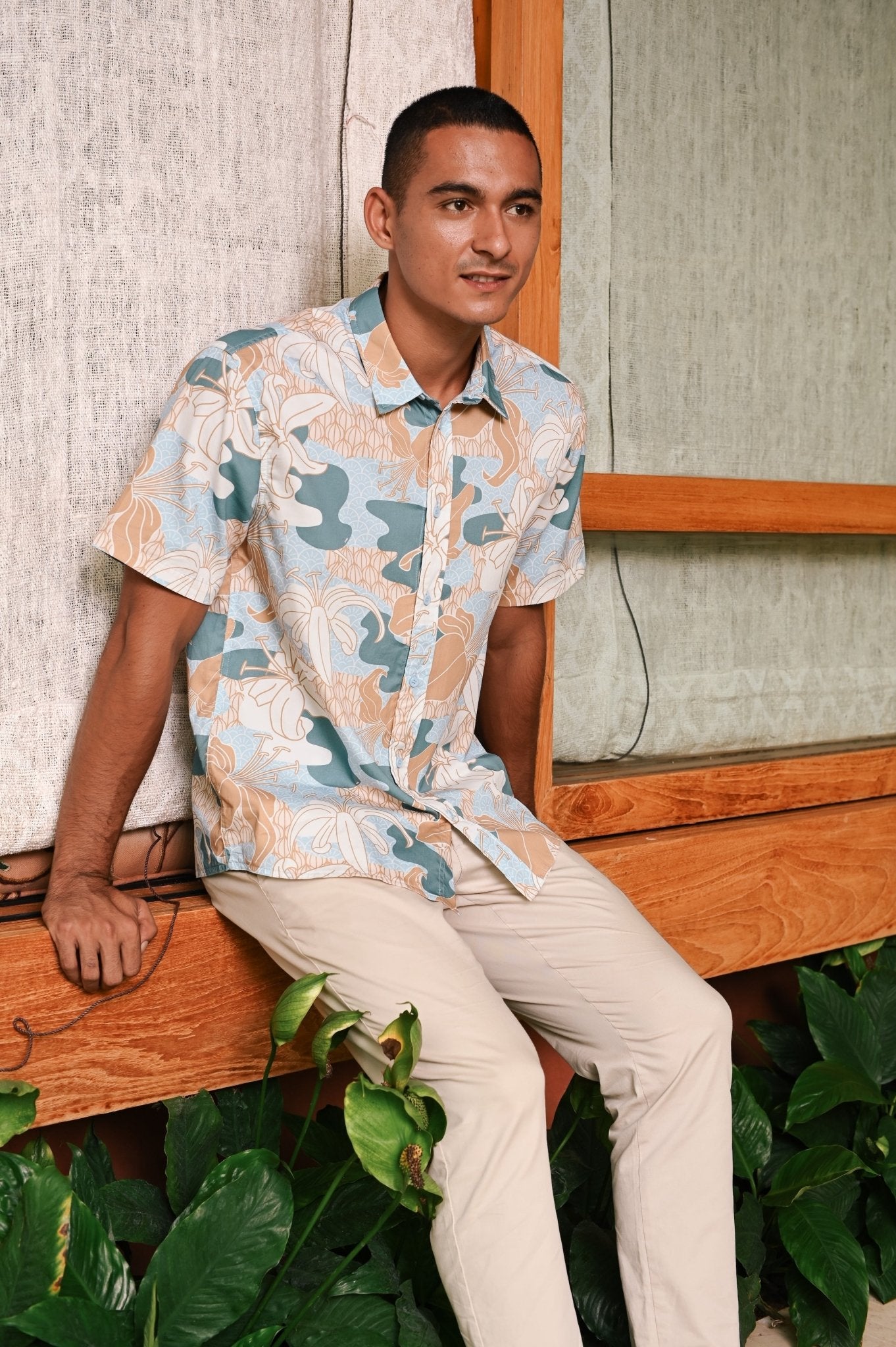 The Embun Collection Men Holiday Shirt in Blue & Olive Banjaran Print - Umbi