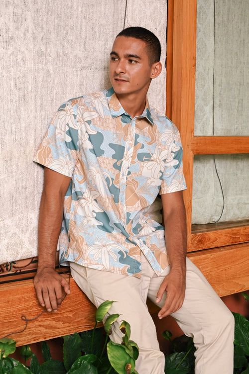 The Embun Collection Men Holiday Shirt in Blue & Olive Banjaran Print