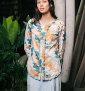The Embun Collection Women Embroidered Kebaya Top in Blue & Olive Banjaran Print - Umbi