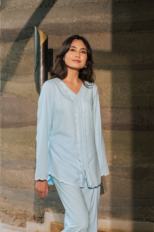 The Embun Collection Women Embroidered Kebaya Top in Sky Blue