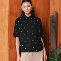 The Embun Collection Women Short Sleeves Loose Fit Blouse in Black Pelita Print - Umbi