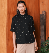 The Embun Collection Women Short Sleeves Loose Fit Blouse in Black Pelita Print - Umbi