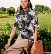 The Embun Collection Women Short Sleeves Loose Fit Blouse in Black & White Banjaran Print - Umbi