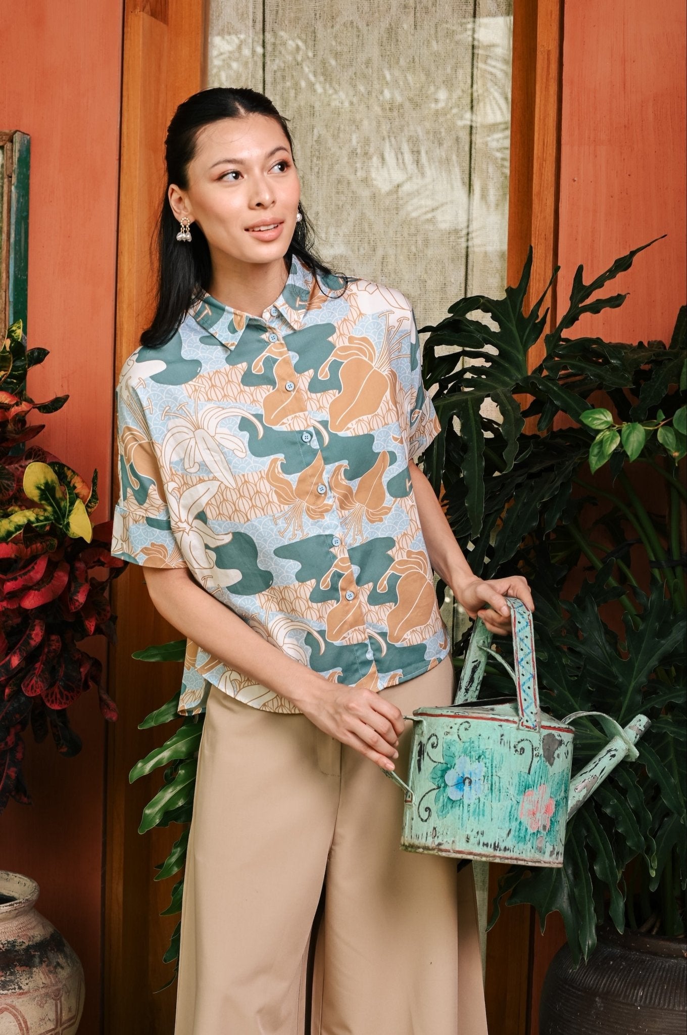 The Embun Collection Women Short Sleeves Loose Fit Blouse in Blue & Olive Banjaran Print - Umbi