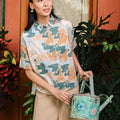 The Embun Collection Women Short Sleeves Loose Fit Blouse in Blue & Olive Banjaran Print - Umbi