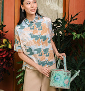 The Embun Collection Women Short Sleeves Loose Fit Blouse in Blue & Olive Banjaran Print - Umbi