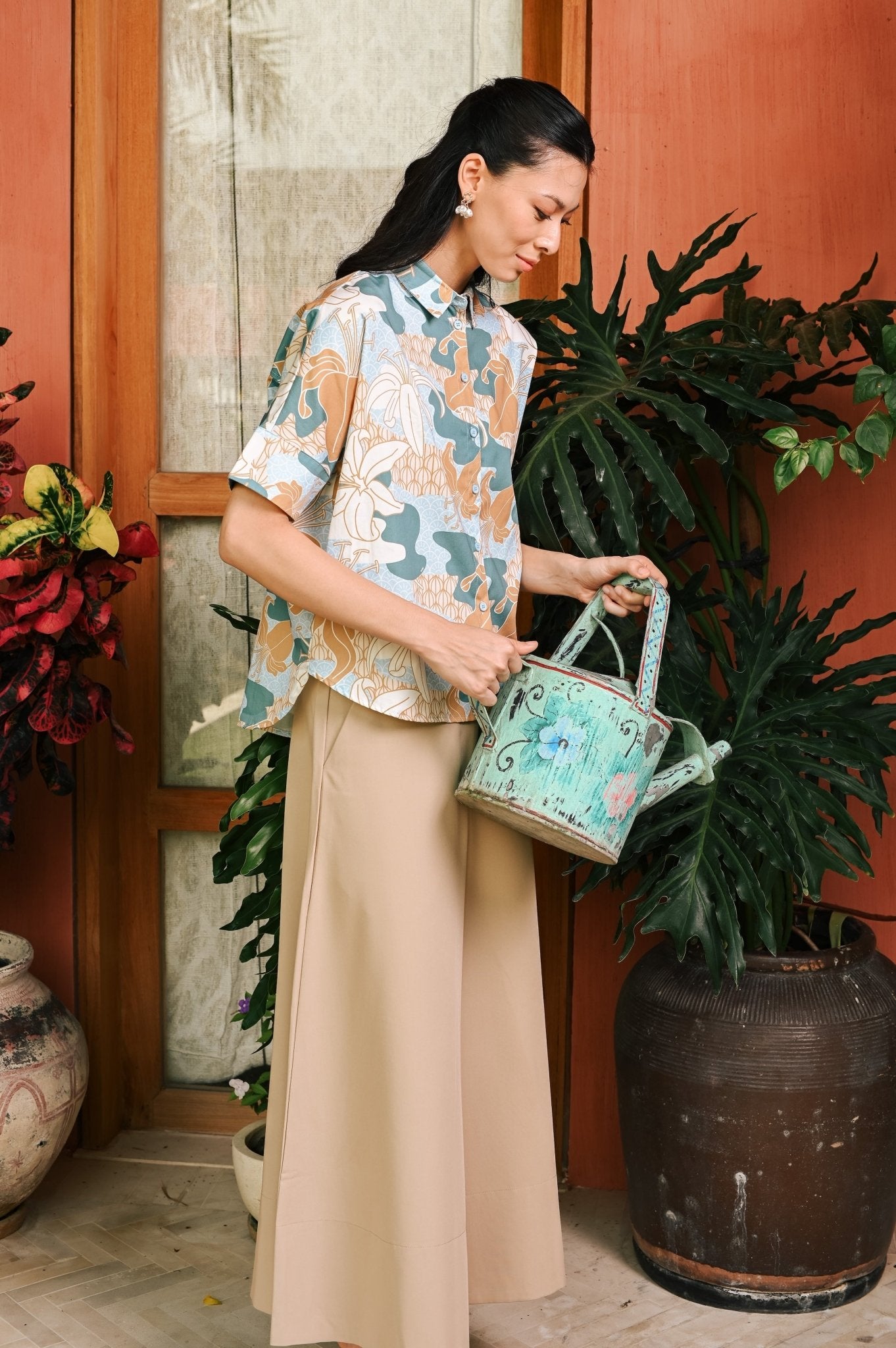 The Embun Collection Women Short Sleeves Loose Fit Blouse in Blue & Olive Banjaran Print - Umbi