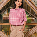 The Embun Collection Women Short Sleeves Loose Fit Blouse in Checked Pink - Umbi