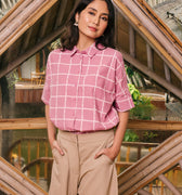 The Embun Collection Women Short Sleeves Loose Fit Blouse in Checked Pink - Umbi