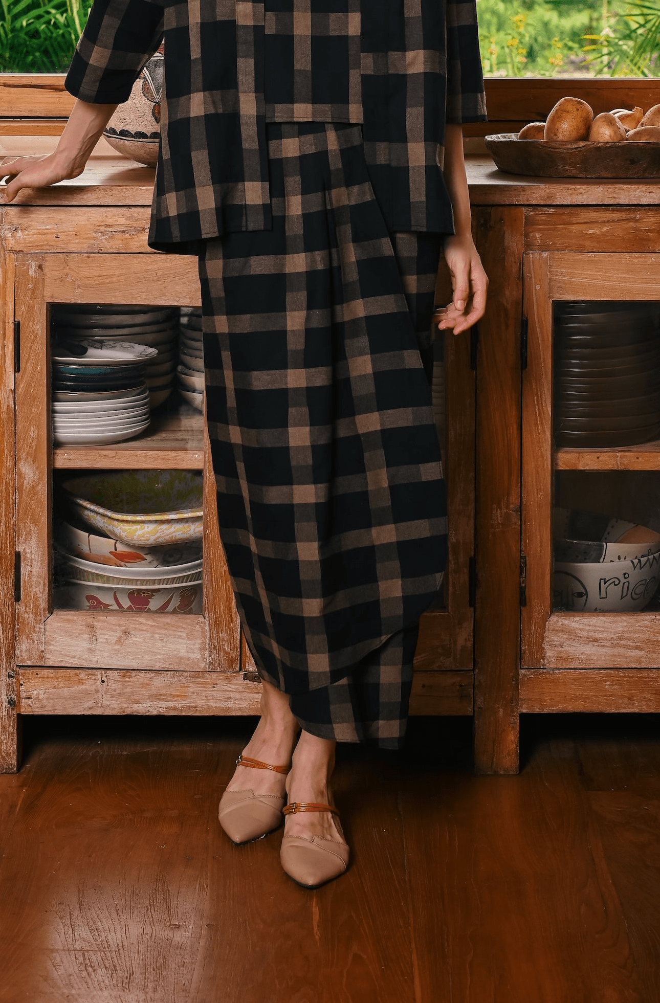 The Embun Collection Women Wrap Skirt in Checked Brown - Umbi