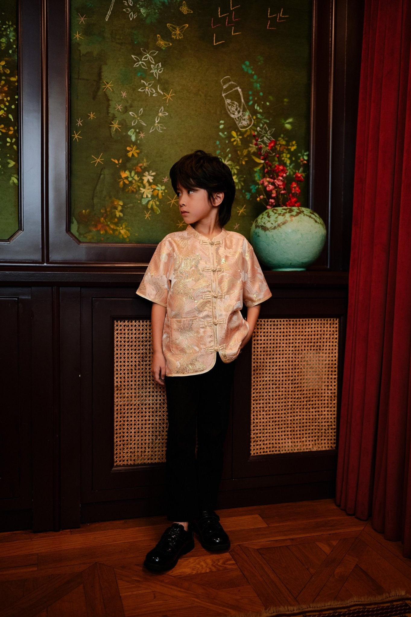 The Huā Collection Boy Short Sleeves Samfu in 蕊 Blossom Jacquard Gold - Umbi