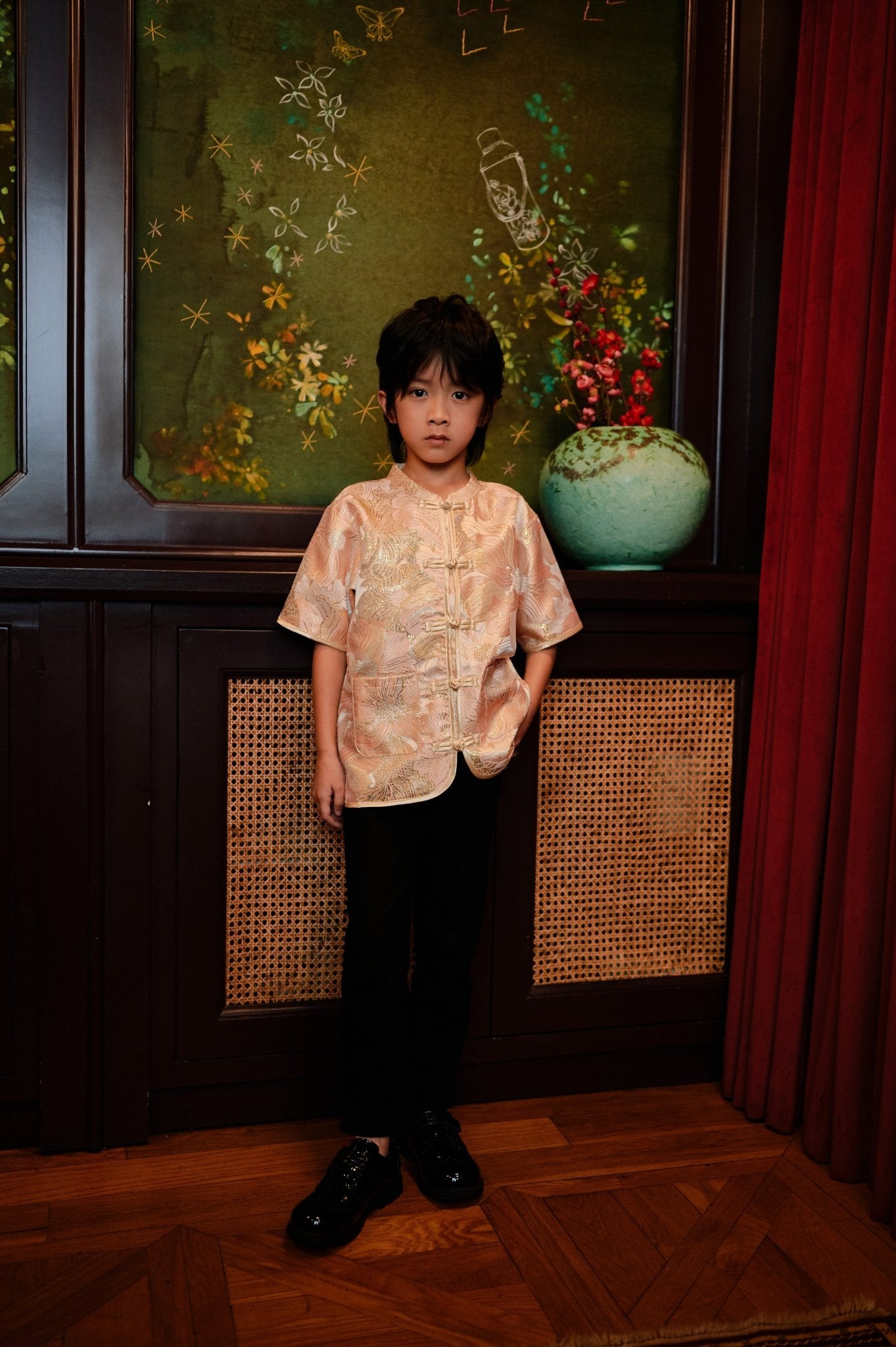 The Huā Collection Boy Short Sleeves Samfu in 蕊 Blossom Jacquard Gold - Umbi