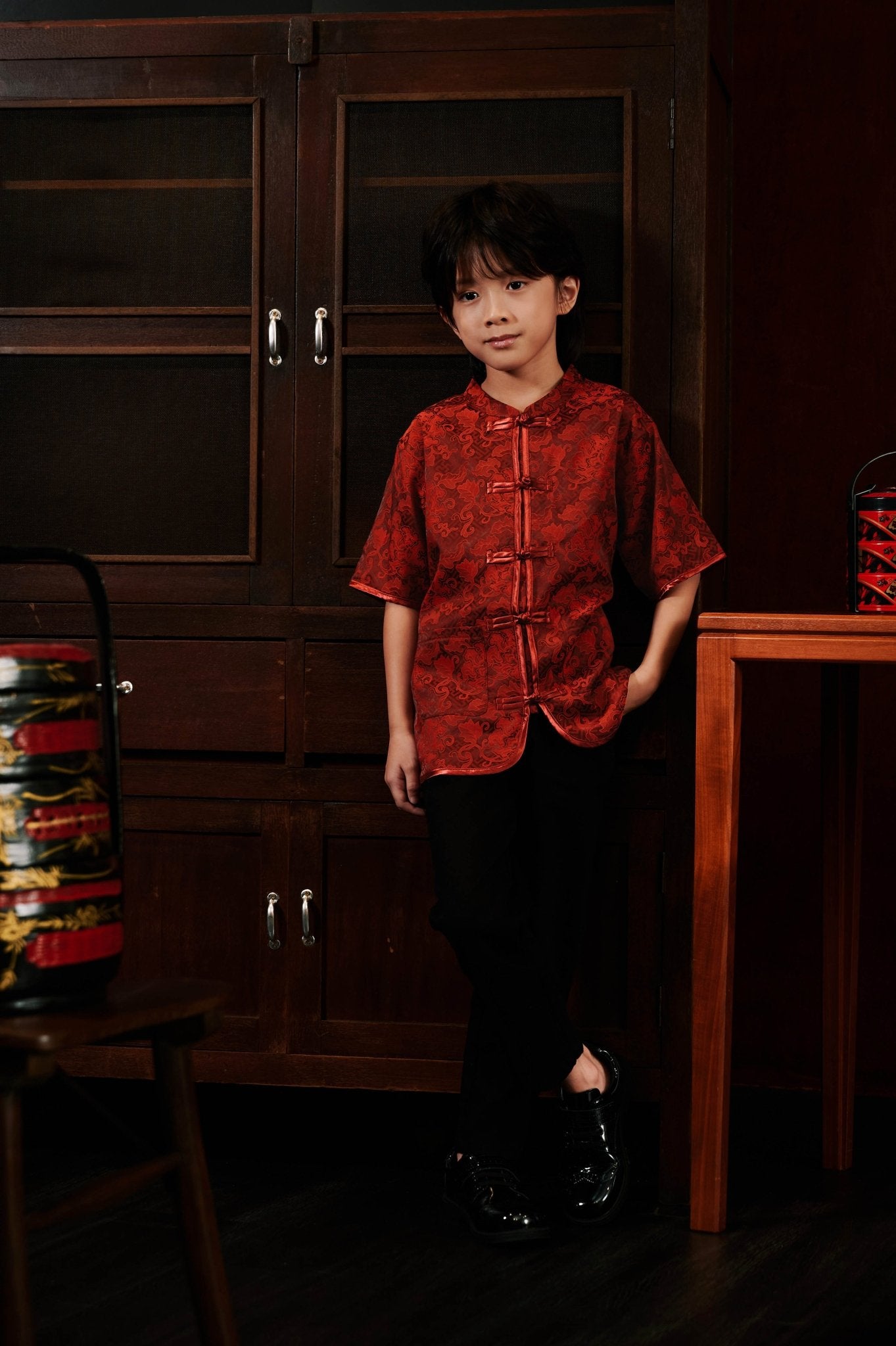 The Huā Collection Boy Short Sleeves Samfu in 韵 Cadence Jacquard Maroon - Umbi