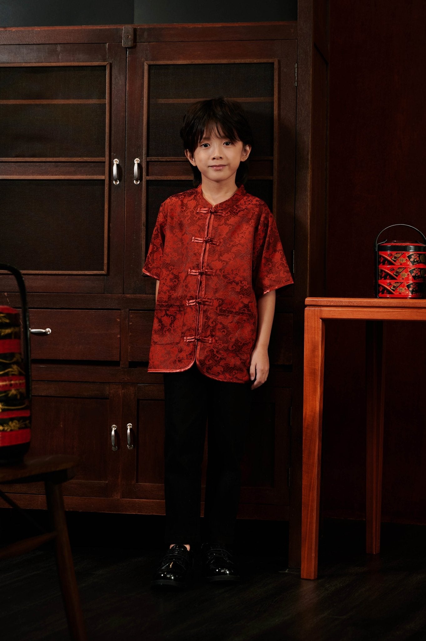 The Huā Collection Boy Short Sleeves Samfu in 韵 Cadence Jacquard Maroon - Umbi