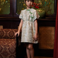 The Huā Collection Girl Puff Sleeves Cheongsam in 韵 Cadence Jacquard Green - Umbi