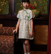 The Huā Collection Girl Puff Sleeves Cheongsam in 韵 Cadence Jacquard Green - Umbi