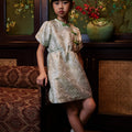 The Huā Collection Girl Puff Sleeves Cheongsam in 韵 Cadence Jacquard Green - Umbi