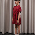 The Huā Collection Girl Puff Sleeves Cheongsam in 韵 Cadence Jacquard Maroon - Umbi