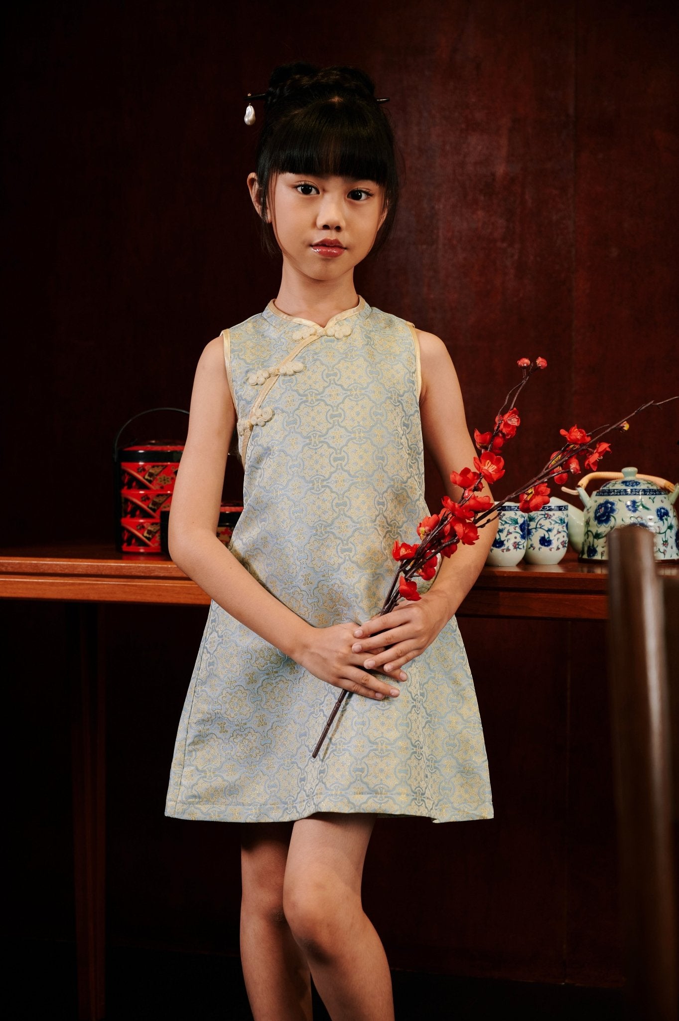 The Huā Collection Girl Sleeveless Cheongsam in 韵 Cadence Jacquard Soft Blue - Umbi