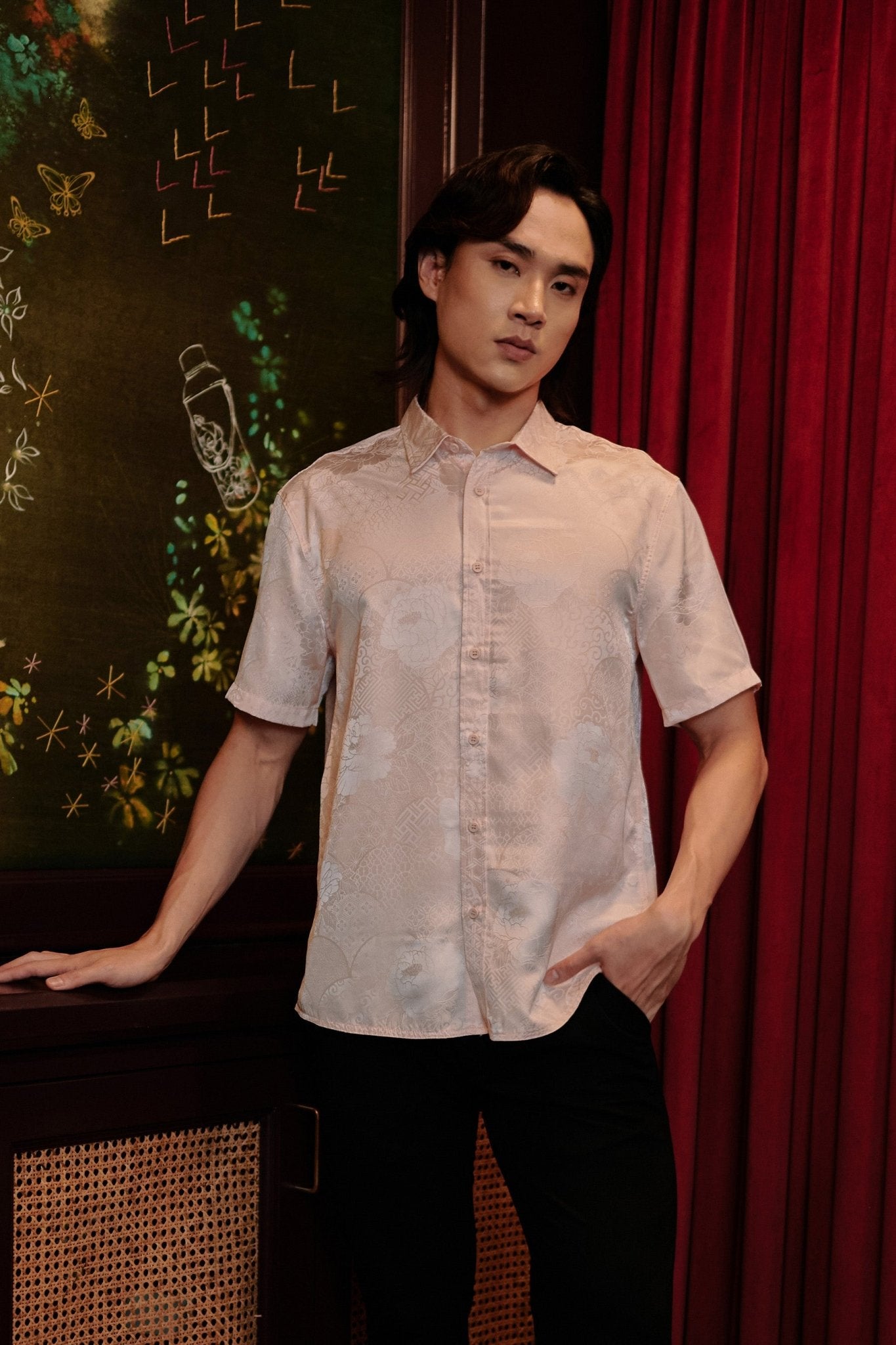 The Huā Collection Men Holiday Shirt in 韵 Cadence Jacquard Pink - Umbi