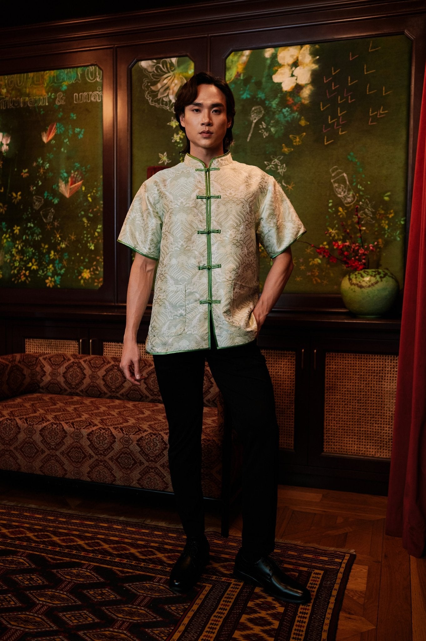 The Huā Collection Men Short Sleeves Samfu in 韵 Cadence Jacquard Green - Umbi