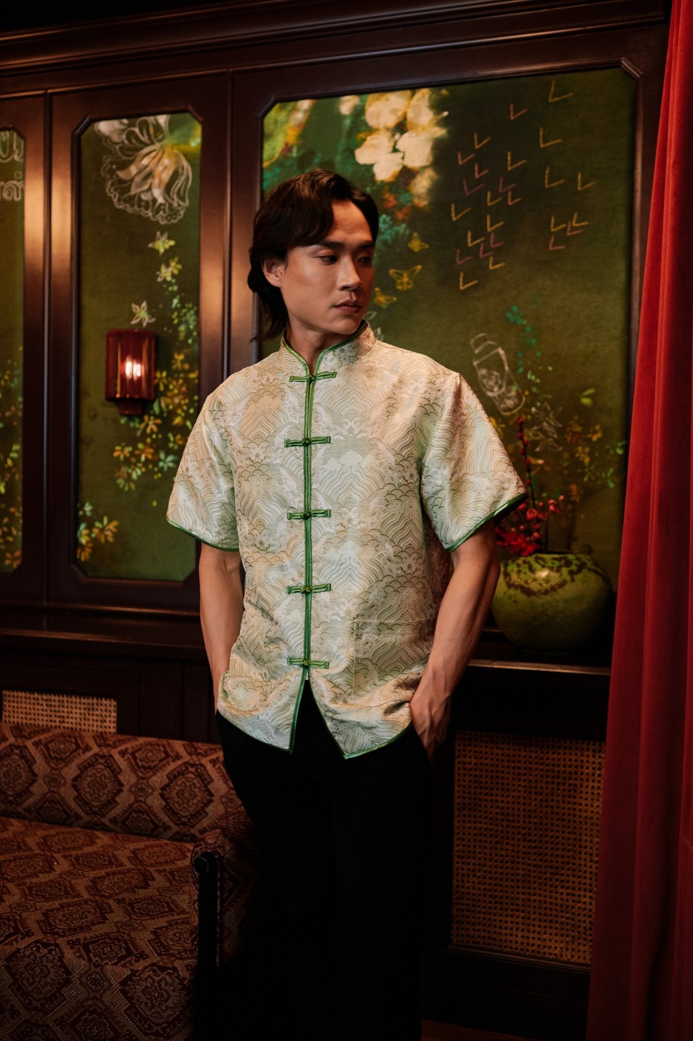 The Huā Collection Men Short Sleeves Samfu in 韵 Cadence Jacquard Green - Umbi