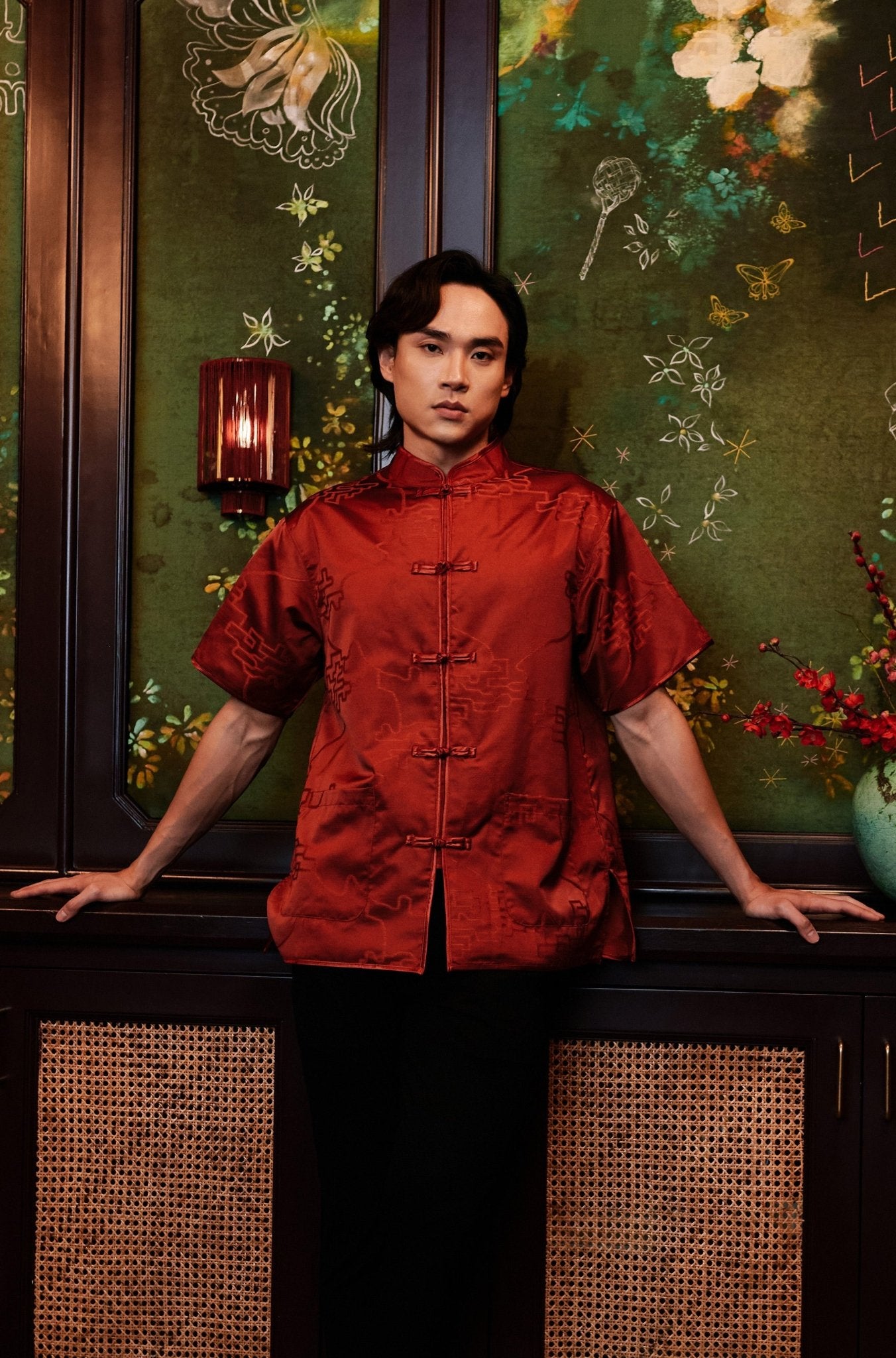 The Huā Collection Men Short Sleeves Samfu in 韵 Cadence Jacquard Red - Umbi