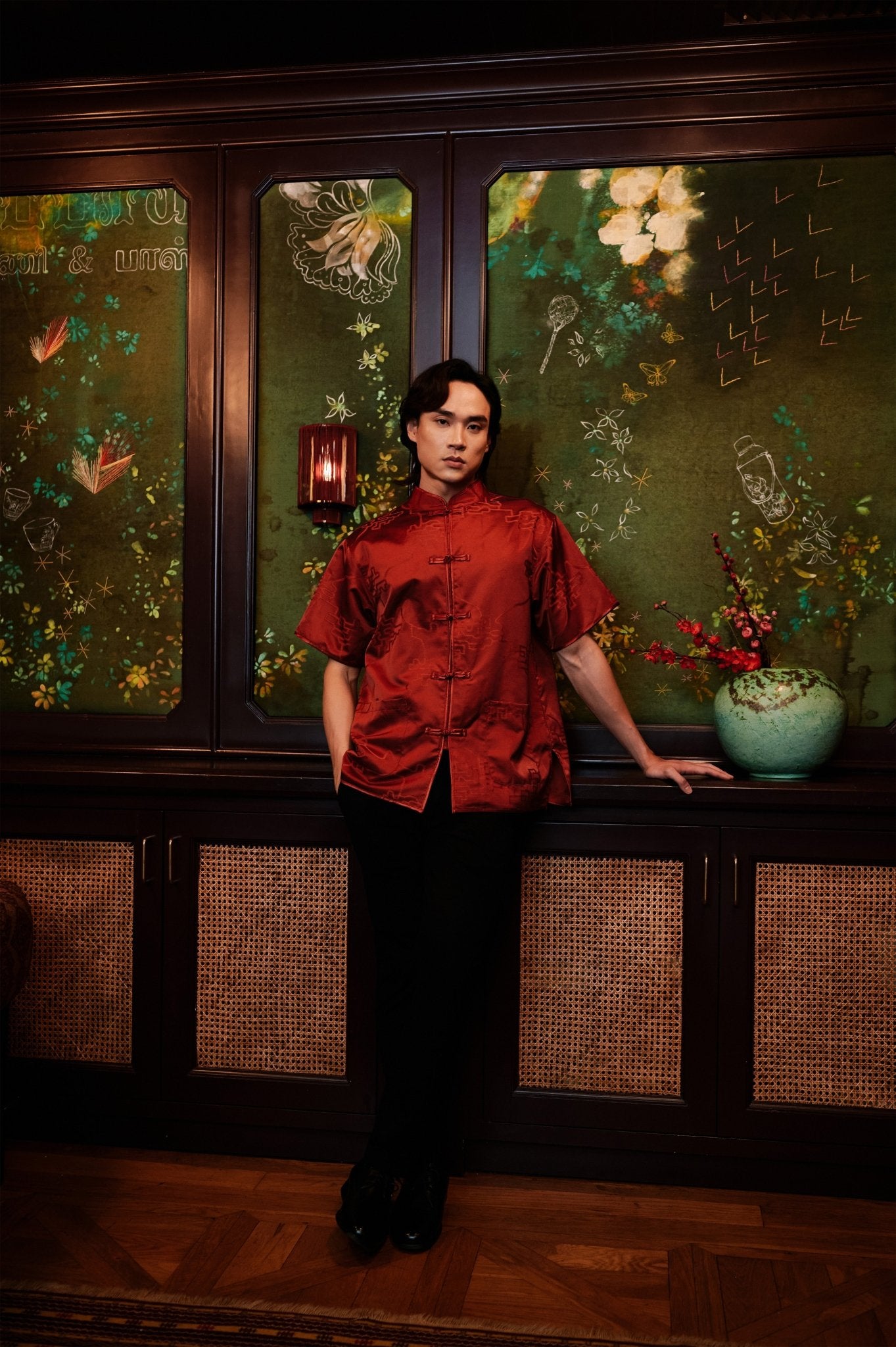 The Huā Collection Men Short Sleeves Samfu in 韵 Cadence Jacquard Red - Umbi