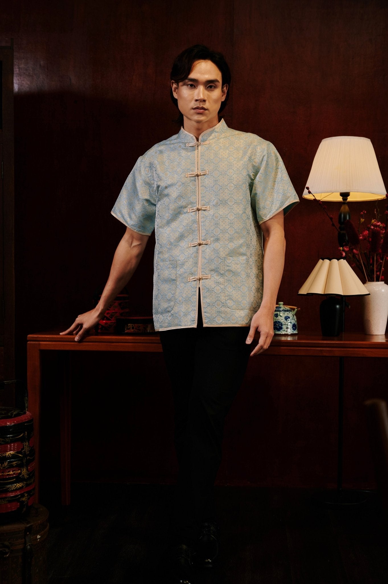 The Huā Collection Men Short Sleeves Samfu in 韵 Cadence Jacquard Soft Blue - Umbi