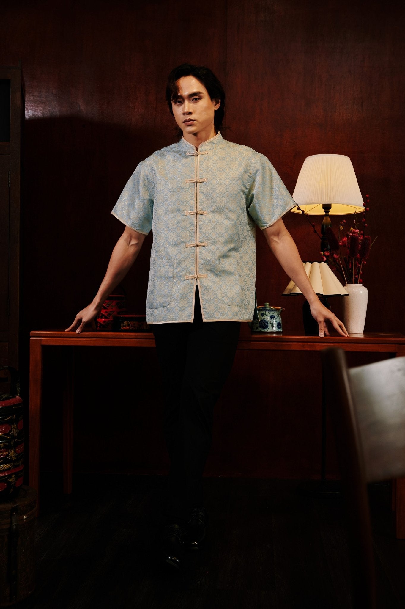 The Huā Collection Men Short Sleeves Samfu in 韵 Cadence Jacquard Soft Blue - Umbi