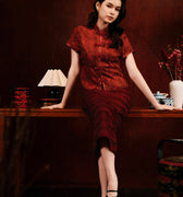 The Huā Collection Women Classic Oriental Blouse in 韵 Cadence Jacquard Maroon - Umbi