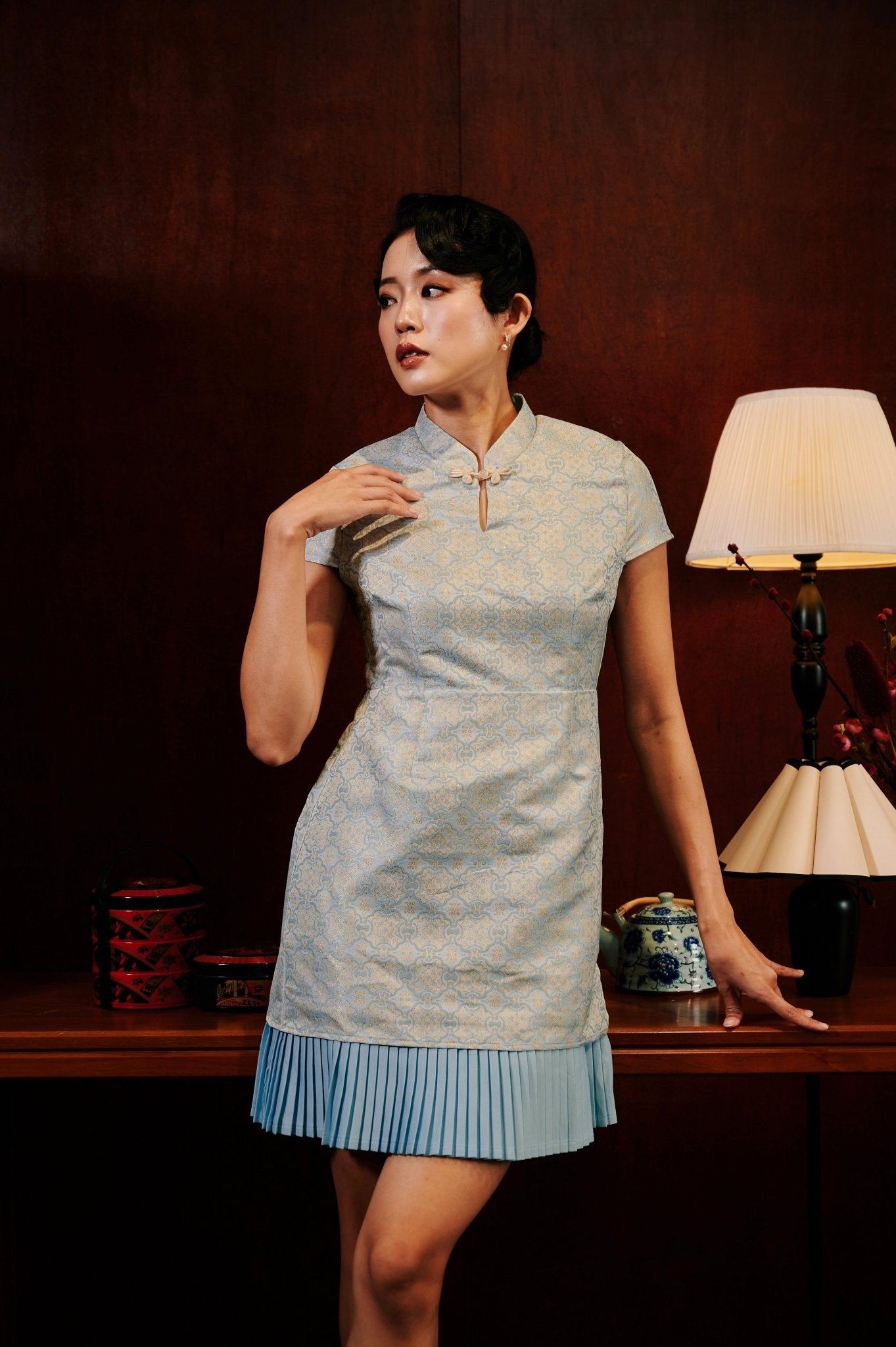 The Huā Collection Women Pleated Cheongsam in 韵 Cadence Jacquard Soft Blue - Umbi