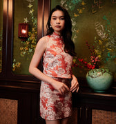 The Huā Collection Women Sleeveless Oriental Blouse in 蕊 Blossom Jacquard Red - Umbi