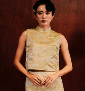 The Huā Collection Women Sleeveless Oriental Blouse in 蕊 Blossom Jacquard Yellow - Umbi