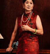 The Huā Collection Women Sleeveless Oriental Blouse in 韵 Cadence Jacquard Dark Red - Umbi